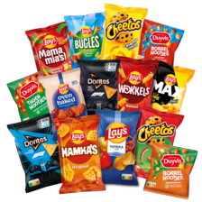 Lay’s hamka’s, wokkels, bugles, mama mia’s,
pomtips, ringlings, grills of Cheetos zak à 100-125 gram,
Duyvis borrelnootjes of ti
